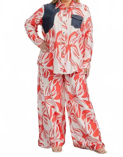 Karen T Design Pocket Patch Shirt And Wide Leg Pants In Multicolor In Red