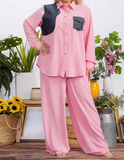 Karen T Design Pocket Patch Shirt And Wide Leg Pants In Pink