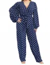 Karen T Design Polka Dot Long Sleeve Jumpsuit In Navy Blue In Blue