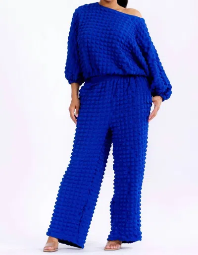 Karen T Design Relaxed-fit Top With Trendy Balloon Sleeves And Wide-leg Pants In Blue