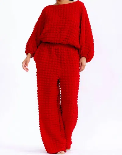 Karen T Design Relaxed-fit Top With Trendy Balloon Sleeves And Wide-leg Pants In Red