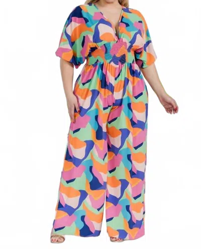 Karen T Design Smocked V-neck Jumpsuit In Multi