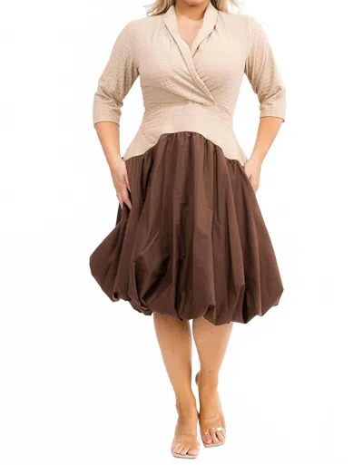 Karen T Design V-neck Balloon Midi Dress In Brown/ Beige In Multi