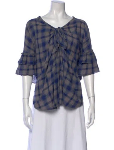 Pre-owned Karen Walker Plaid Print V-neck Top In Blue