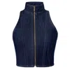Kargede Blue Women's Cropped Denim Vest - Bodycon Zip Up Designer Jean Top In Blue
