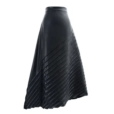 Kargede Women's Black Faux Leather Maxi Skirt – High-waist Pleated A-line