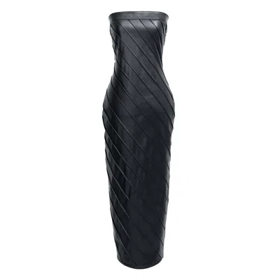 Kargede Women's Black Leather Pencil Dress – Pleated Strapless Midi