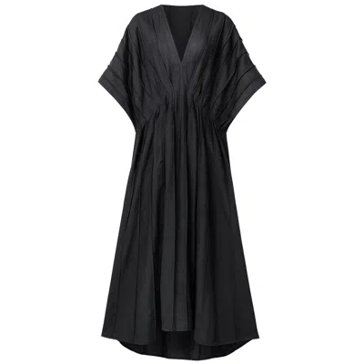 Kargede Women's Black Linen Kaftan Dress - Pleated Designer Caftan