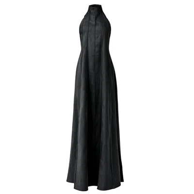 Kargede Women's Black Linen Maxi Dress – Pleated Designer Halter Gown