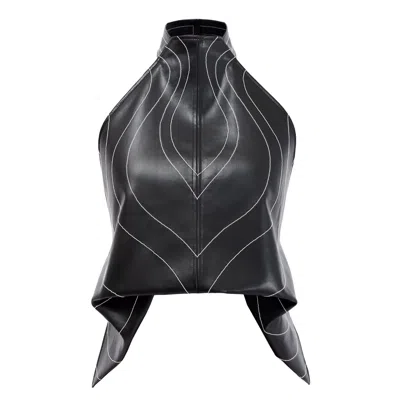 Kargede Women's Black Vegan Leather Halter Top - Open Back Designer Crop Vest