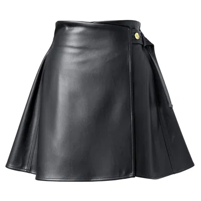 Kargede Women's Black Vegan Leather Wrap Skirt - Mini Length With Belt