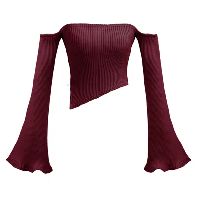 Kargede Women's Red Rib Knit Sweater – Off Shoulder, Flared Sleeves