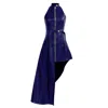 Kargede Women's Navy Blue Leather Maxi Dress – Tailored, High Neck, Asymmetrical Hem In Blue