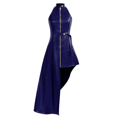 Kargede Women's Navy Blue Leather Maxi Dress – Tailored, High Neck, Asymmetrical Hem