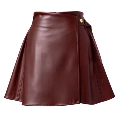 Kargede Women's Brown Vegan Leather Wrap Skirt - Mini Length With Belt In Burgundy