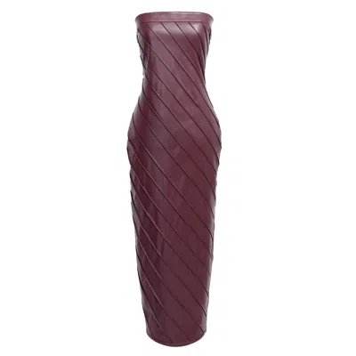 Kargede Women's Burgundy Red Leather Pencil Dress – Pleated Strapless Midi In Brown