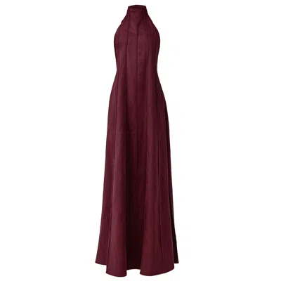 Kargede Women's Burgundy Red Linen Maxi Dress – Pleated Designer Halter Gown