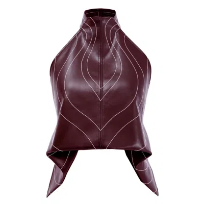 Kargede Women's Burgundy Red Vegan Leather Halter Top - Open Back Designer Crop Vest