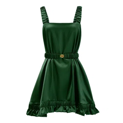 Kargede Women's Emerald Green Satin Dress – Designer Silky Slip Mini, Square Neckline