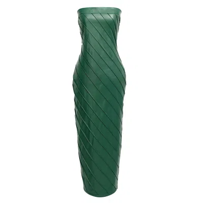 Kargede Women's Green Leather Pencil Dress – Pleated Strapless Midi