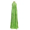 Kargede Women's Green Silk Satin Halter Maxi Dress - Side Slits, Striped In Green