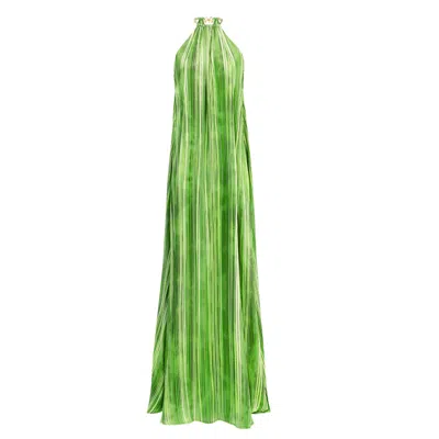 Kargede Women's Green Silk Satin Halter Maxi Dress - Side Slits, Striped