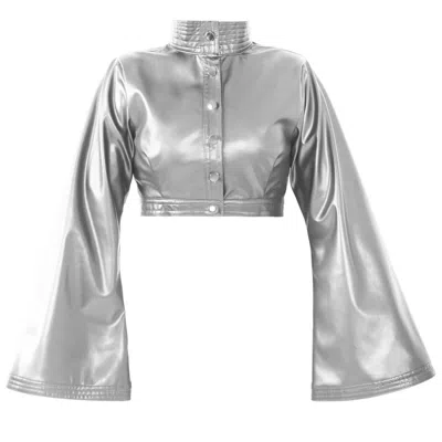 Kargede Women's Silver Leather Cropped Jacket – High Neck, Vegan Faux