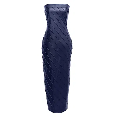 Kargede Women's Navy Blue Leather Pencil Dress – Pleated Strapless Midi