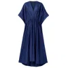 Kargede Women's Navy Blue Linen Kaftan Dress - Pleated Designer Caftan