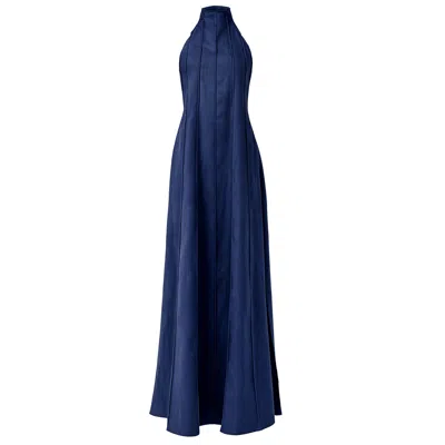 Kargede Women's Navy Blue Linen Maxi Dress – Pleated Designer Halter Gown