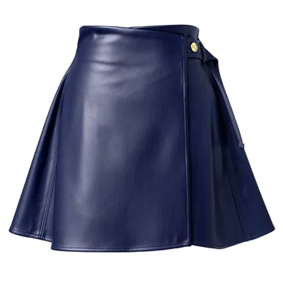 Kargede Women's Navy Blue Vegan Leather Wrap Skirt - Mini Length With Belt