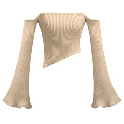 Kargede Women's Neutrals Beige Rib Knit Sweater – Off Shoulder, Flared Sleeves