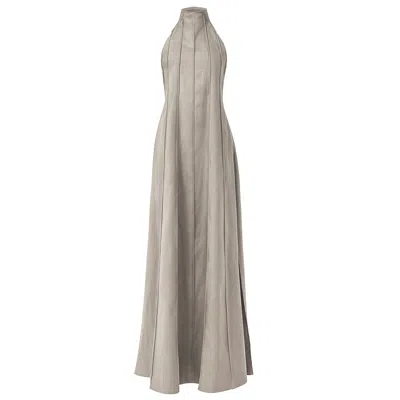 Kargede Women's Neutrals Taupe Linen Maxi Dress – Pleated Designer Halter Gown In Yellow