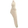 Kargede Women's Neutrals Beige Bodycon Dress – High Neck, Asymmetrical Hem, Maxi Length In Beige