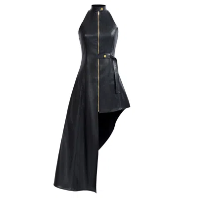 Kargede Women's Black Leather Maxi Dress – Tailored, High Neck, Asymmetrical Hem