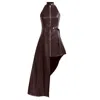 Kargede Women's Brown Leather Maxi Dress – Tailored, High Neck, Asymmetrical Hem In Brown