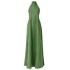 Kargede Women's Olive Green Linen Maxi Dress – Pleated Designer Halter Gown In Green