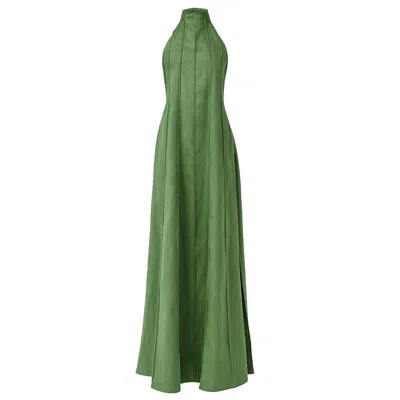 Kargede Women's Olive Green Linen Maxi Dress – Pleated Designer Halter Gown