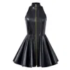 Kargede Women's Pleated Black Leather Mini Dress – Evening Zip Up With High Neck & Designer Faux In Black