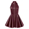 Kargede Women's Pleated Burgundy Red Leather Mini Dress – Evening Zip Up With High Neck & Designer Faux In Red
