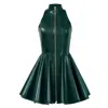 Kargede Women's Pleated Dark Green Leather Mini Dress – Evening Zip Up With High Neck & Designer Faux In Green