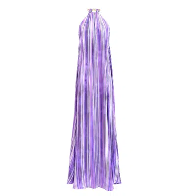 Kargede Women's Purple Silk Satin Halter Maxi Dress - Side Slits, Striped