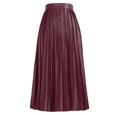 Kargede Women's Red Burgundy Leather Midi Skirt – Pleated Faux, High Waist
