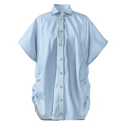 Kargede Women's Blue Leather Shirt – Oversized Fit, Ruched Sides