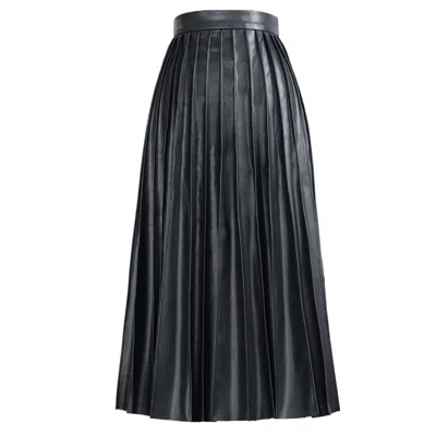Kargede Women's Black Leather Midi Skirt – Pleated Faux, High Waist