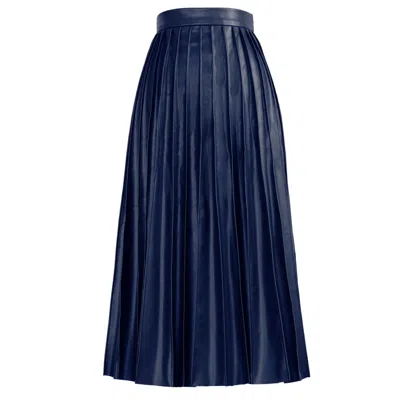 Kargede Women's Blue Navy Leather Midi Skirt – Pleated Faux, High Waist