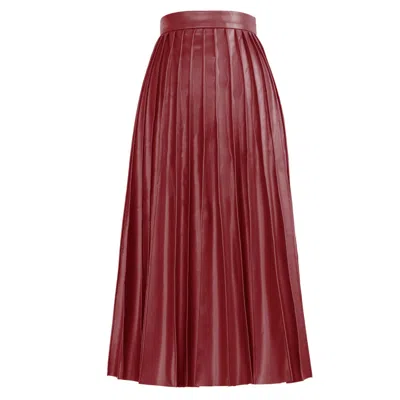 Kargede Women's Red Leather Midi Skirt – Pleated Faux, High Waist