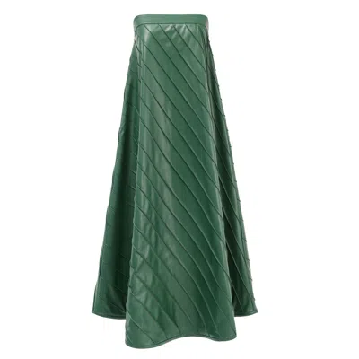 Kargede Women's Strapless Emerald Green Vegan Leather Maxi Dress – Pleated Trapeze Gown