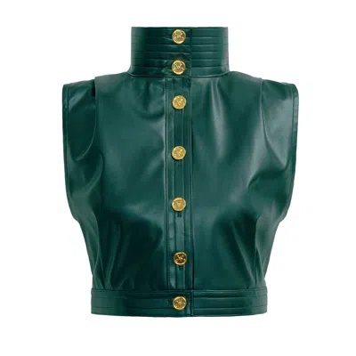 Kargede Women's Green Leather Vest – High Neck, Structured Fit