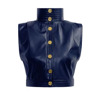 Kargede Women's Blue Navy Leather Vest – High Neck, Structured Fit